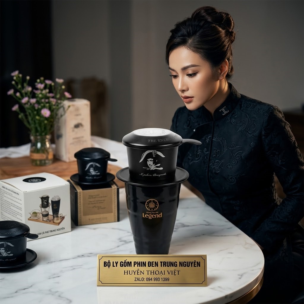 Combo Phin Nhôm Đen và Ly Gốm Sứ Bát Tràng Đen Logo Legend Trung Nguyên