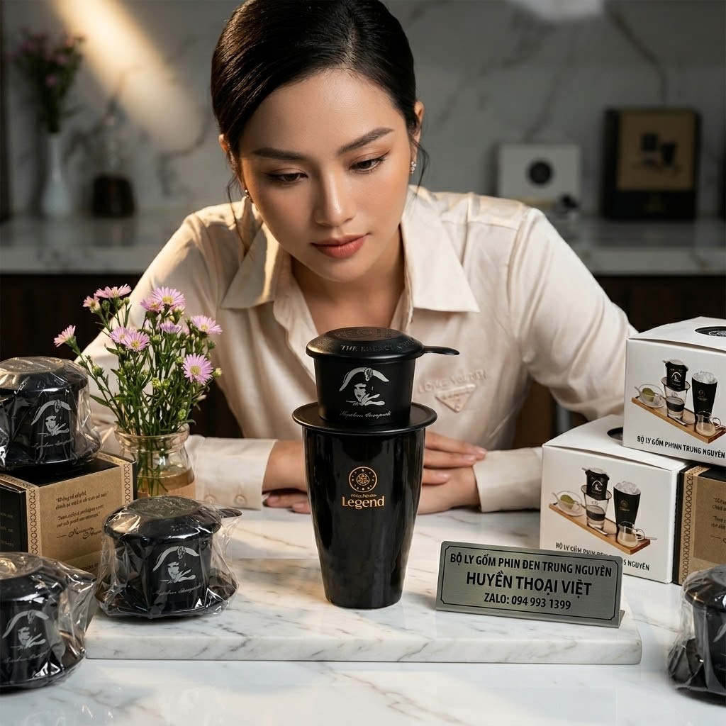 Combo Phin Nhôm Đen và Ly Gốm Sứ Bát Tràng Đen Logo Legend Trung Nguyên