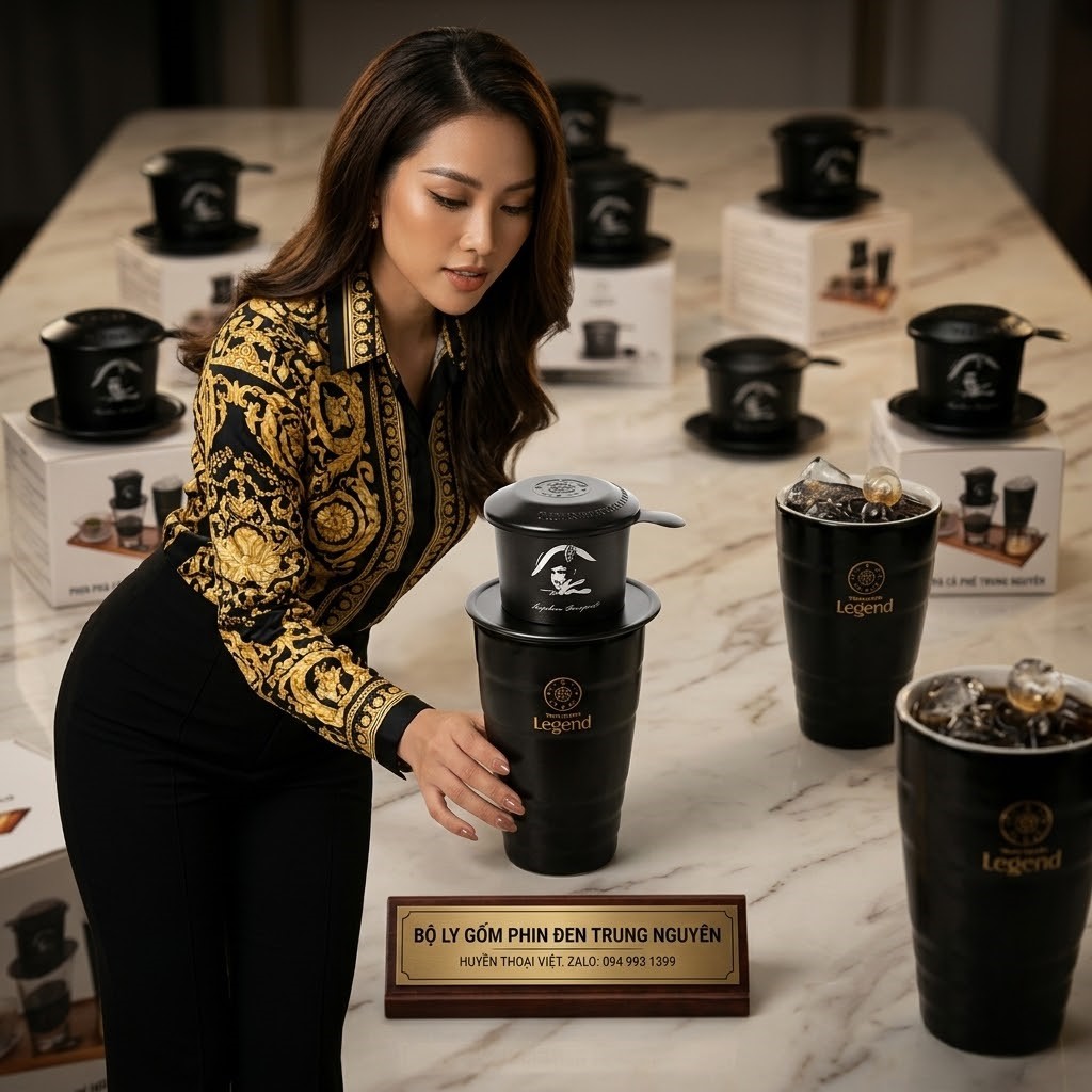 Combo Phin Nhôm Đen và Ly Gốm Sứ Bát Tràng Đen Logo Legend Trung Nguyên