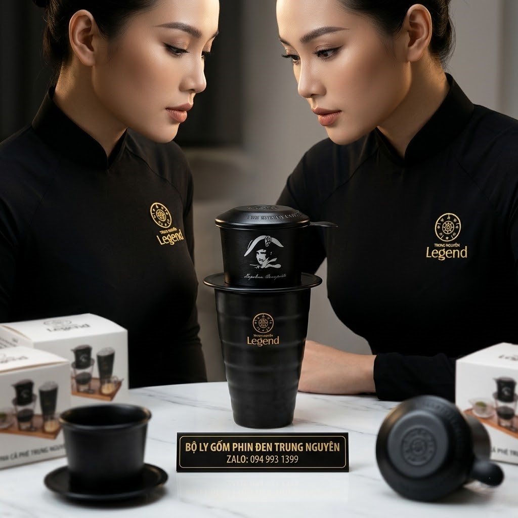 Combo Phin Nhôm Đen và Ly Gốm Sứ Bát Tràng Đen Logo Legend Trung Nguyên