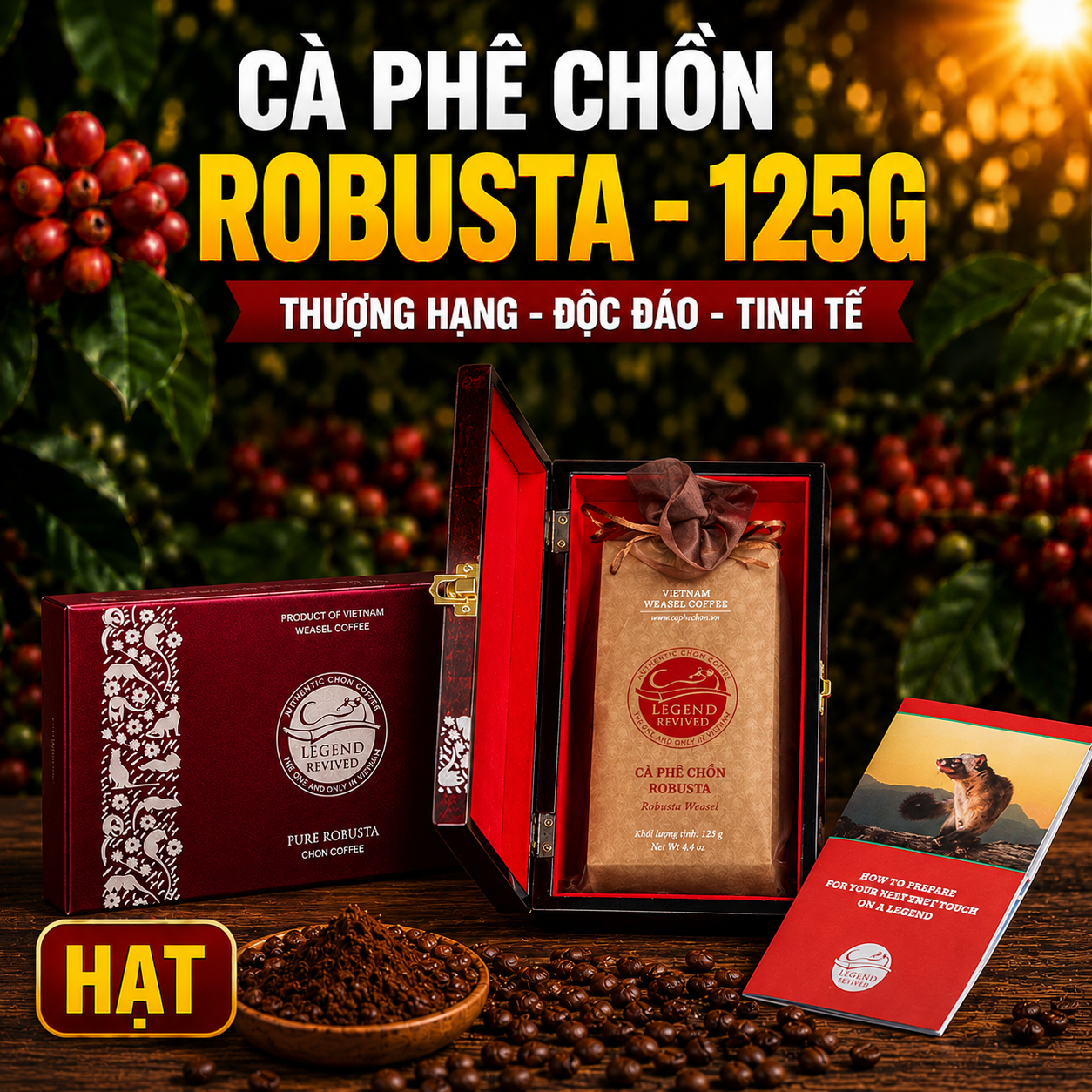 Cà phê Chồn Robusta 125gam( HẠT) - Tặng túi Cỏ Bàng