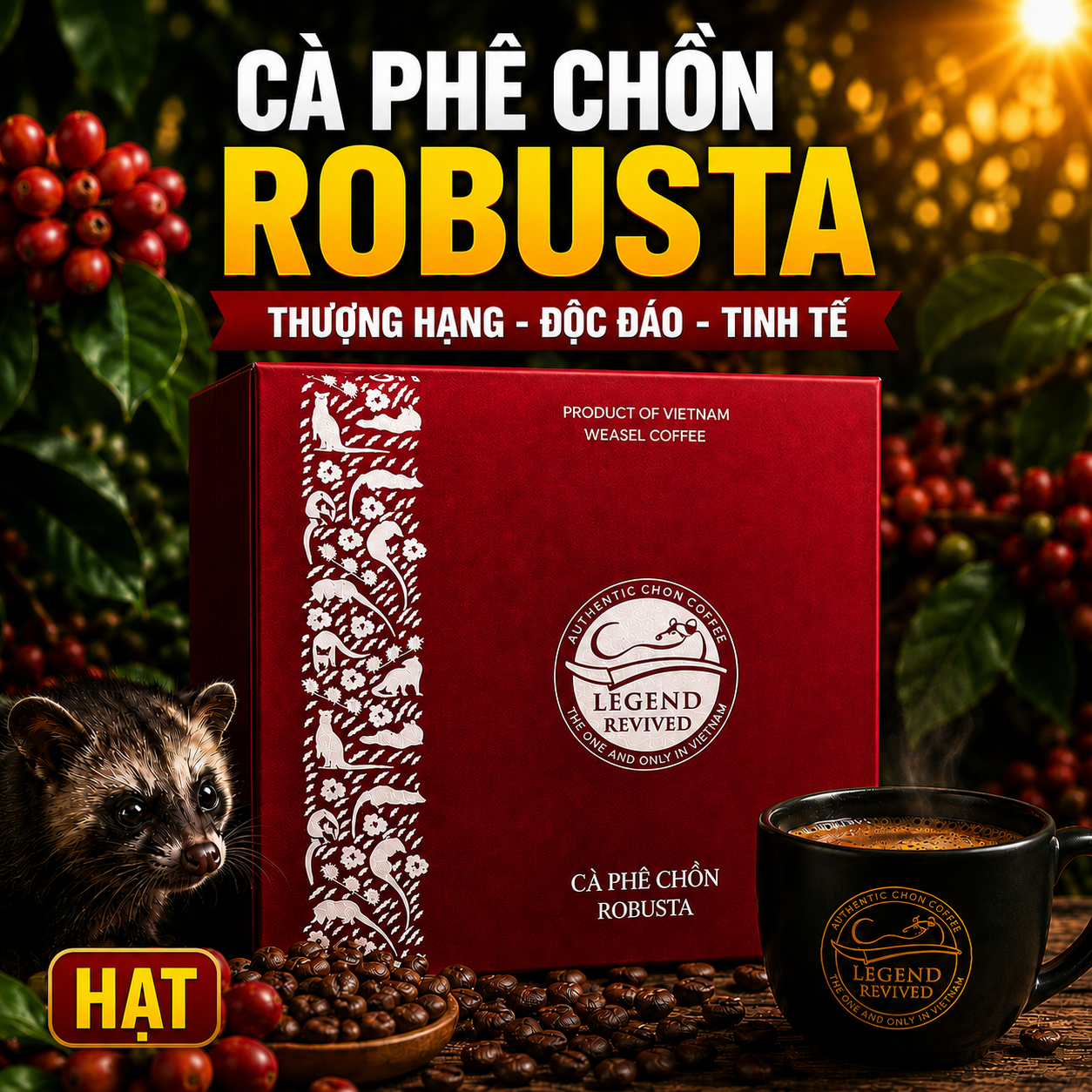 Cà phê Chồn Robusta - HẠT (Hộp 250 gam) - Tặng Túi